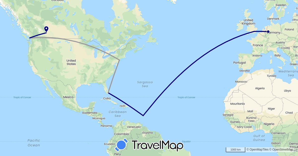 TravelMap itinerary: driving, plane in Canada, Germany, United Kingdom, Saint Lucia, United States (Europe, North America)